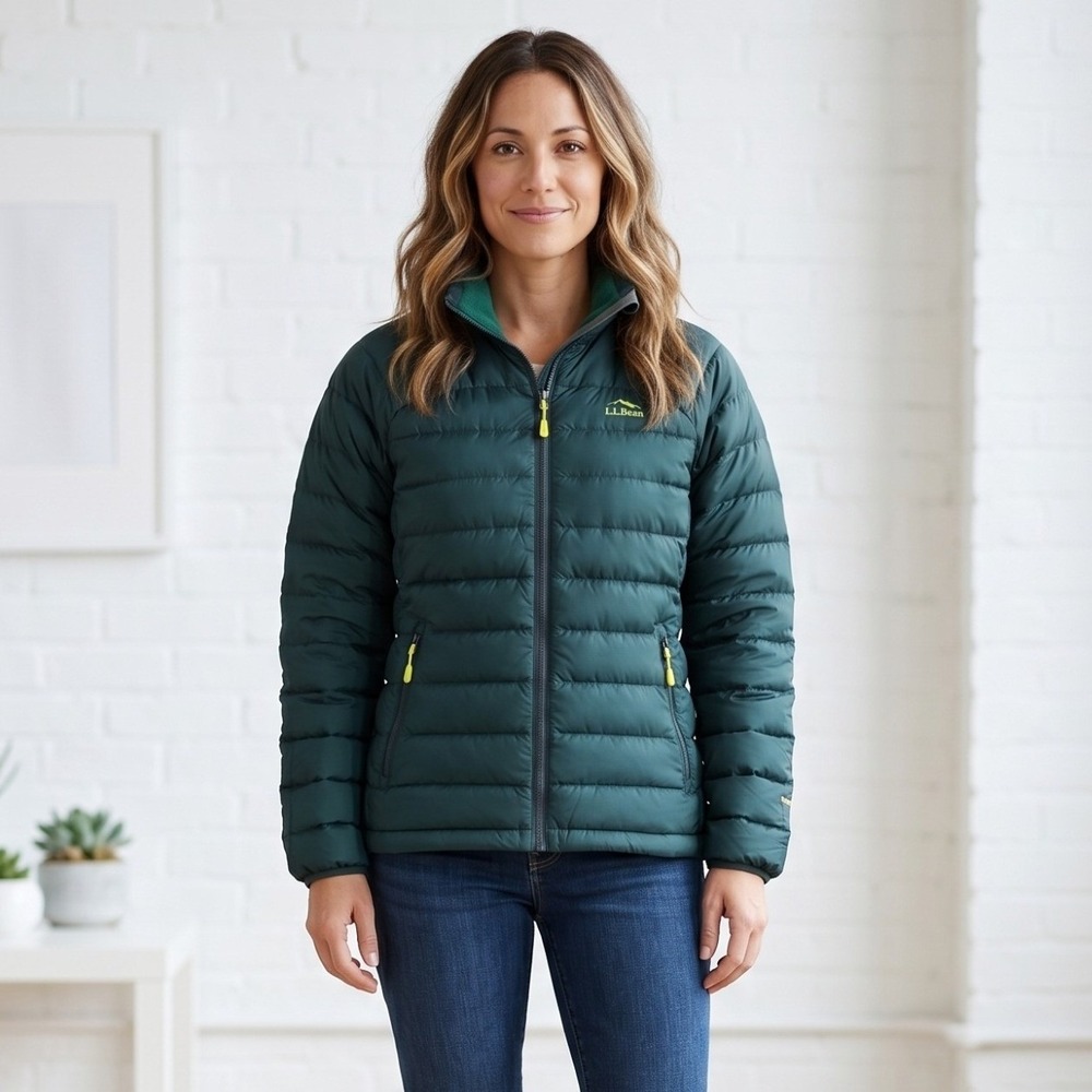 LL Bean Down Jacket Womens Medium Green Puffer DownTek Water Repellent Insulated